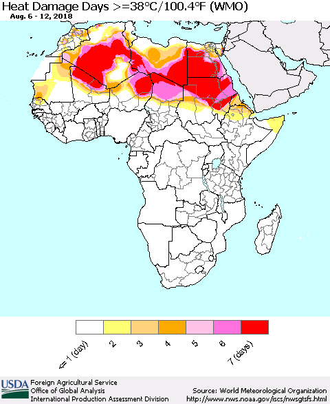 Africa Heat Damage Days >=38°C/100°F (WMO) Thematic Map For 8/6/2018 - 8/12/2018