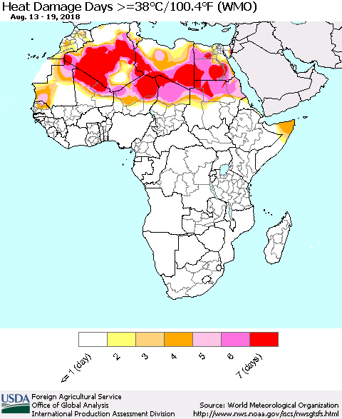 Africa Heat Damage Days >=38°C/100°F (WMO) Thematic Map For 8/13/2018 - 8/19/2018