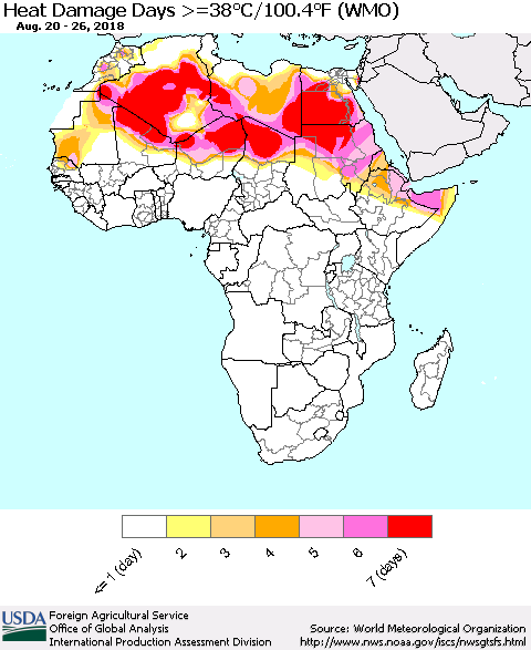 Africa Heat Damage Days >=38°C/100°F (WMO) Thematic Map For 8/20/2018 - 8/26/2018