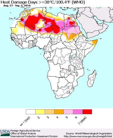 Africa Heat Damage Days >=38°C/100°F (WMO) Thematic Map For 8/27/2018 - 9/2/2018