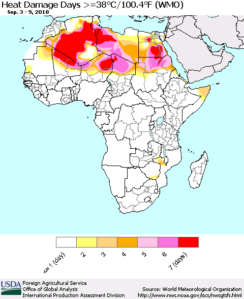 Africa Heat Damage Days >=38°C/100°F (WMO) Thematic Map For 9/3/2018 - 9/9/2018