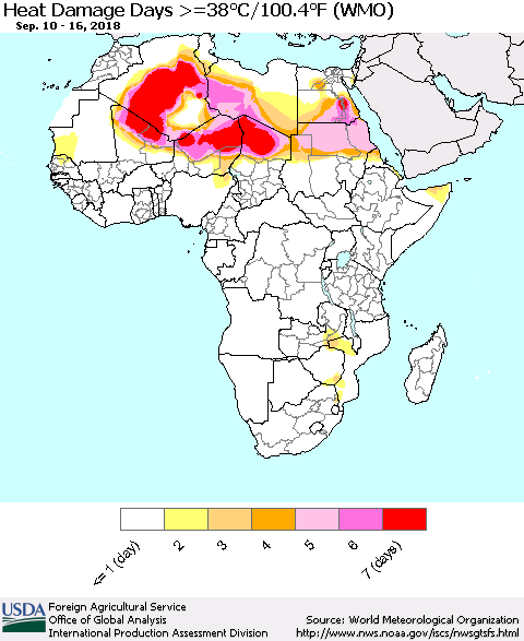 Africa Heat Damage Days >=38°C/100°F (WMO) Thematic Map For 9/10/2018 - 9/16/2018