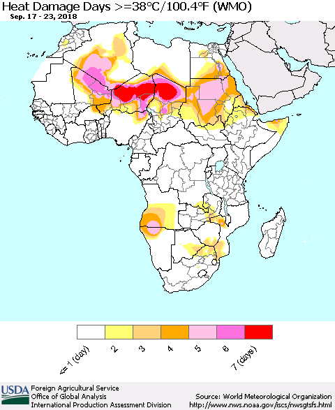 Africa Heat Damage Days >=38°C/100°F (WMO) Thematic Map For 9/17/2018 - 9/23/2018