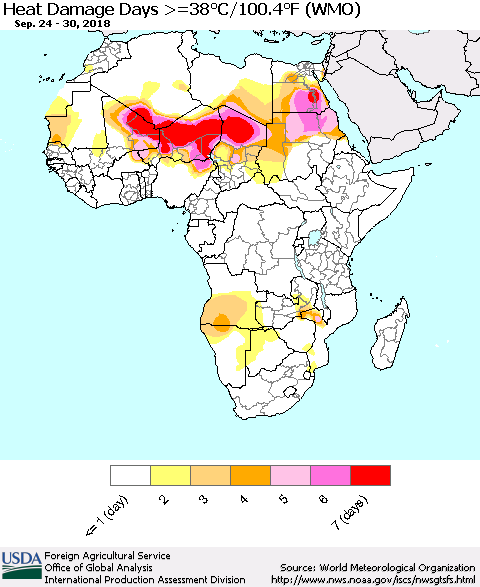 Africa Heat Damage Days >=38°C/100°F (WMO) Thematic Map For 9/24/2018 - 9/30/2018