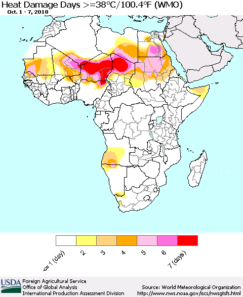 Africa Heat Damage Days >=38°C/100°F (WMO) Thematic Map For 10/1/2018 - 10/7/2018