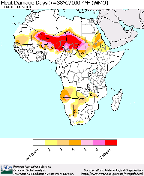 Africa Heat Damage Days >=38°C/100°F (WMO) Thematic Map For 10/8/2018 - 10/14/2018