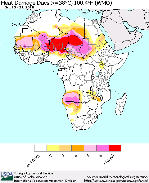 Africa Heat Damage Days >=38°C/100°F (WMO) Thematic Map For 10/15/2018 - 10/21/2018