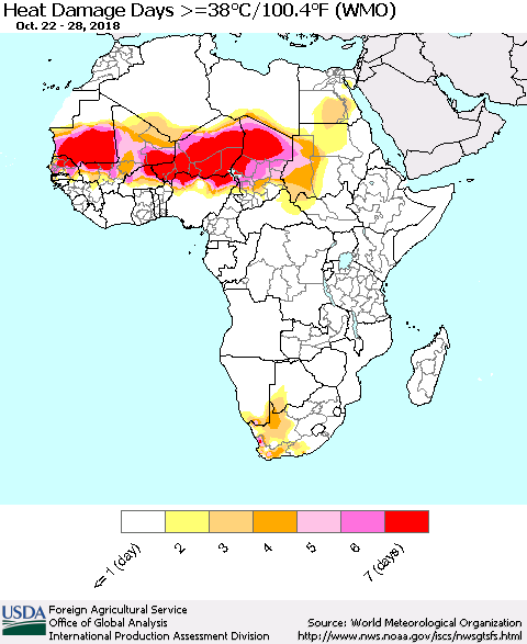 Africa Heat Damage Days >=38°C/100°F (WMO) Thematic Map For 10/22/2018 - 10/28/2018