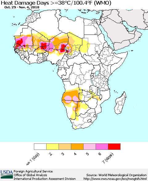 Africa Heat Damage Days >=38°C/100°F (WMO) Thematic Map For 10/29/2018 - 11/4/2018