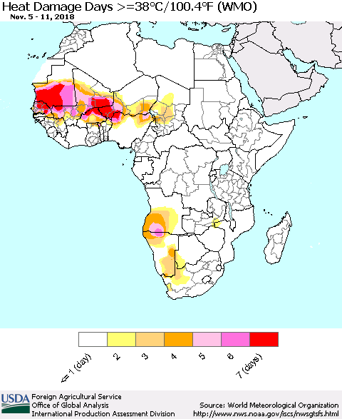 Africa Heat Damage Days >=38°C/100°F (WMO) Thematic Map For 11/5/2018 - 11/11/2018