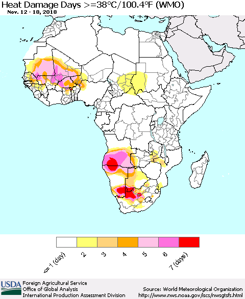 Africa Heat Damage Days >=38°C/100°F (WMO) Thematic Map For 11/12/2018 - 11/18/2018