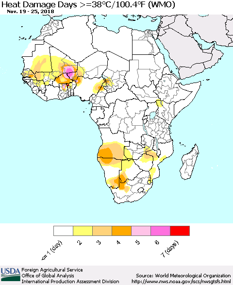 Africa Heat Damage Days >=38°C/100°F (WMO) Thematic Map For 11/19/2018 - 11/25/2018