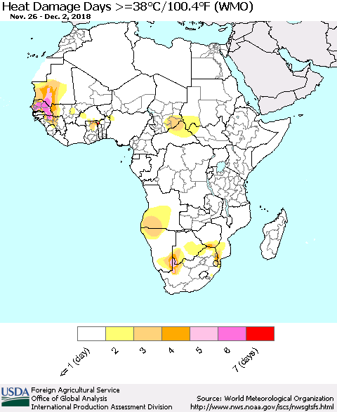 Africa Heat Damage Days >=38°C/100°F (WMO) Thematic Map For 11/26/2018 - 12/2/2018