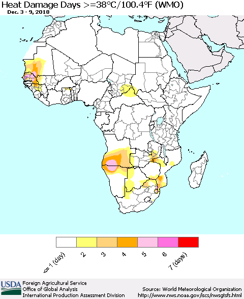 Africa Heat Damage Days >=38°C/100°F (WMO) Thematic Map For 12/3/2018 - 12/9/2018