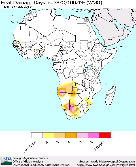 Africa Heat Damage Days >=38°C/100°F (WMO) Thematic Map For 12/17/2018 - 12/23/2018