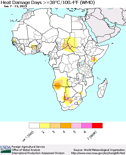 Africa Heat Damage Days >=38°C/100°F (WMO) Thematic Map For 1/7/2019 - 1/13/2019