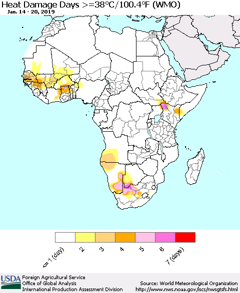 Africa Heat Damage Days >=38°C/100°F (WMO) Thematic Map For 1/14/2019 - 1/20/2019