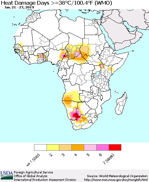 Africa Heat Damage Days >=38°C/100°F (WMO) Thematic Map For 1/21/2019 - 1/27/2019