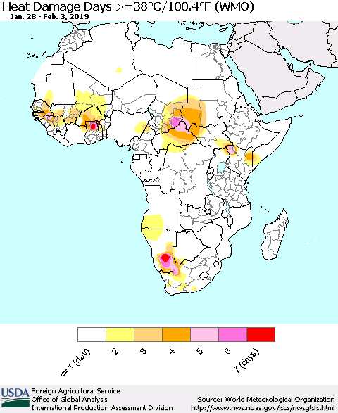 Africa Heat Damage Days >=38°C/100°F (WMO) Thematic Map For 1/28/2019 - 2/3/2019