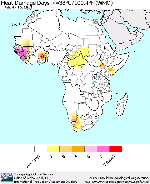 Africa Heat Damage Days >=38°C/100°F (WMO) Thematic Map For 2/4/2019 - 2/10/2019