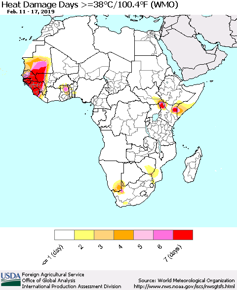 Africa Heat Damage Days >=38°C/100°F (WMO) Thematic Map For 2/11/2019 - 2/17/2019