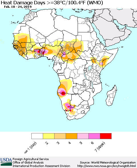 Africa Heat Damage Days >=38°C/100°F (WMO) Thematic Map For 2/18/2019 - 2/24/2019