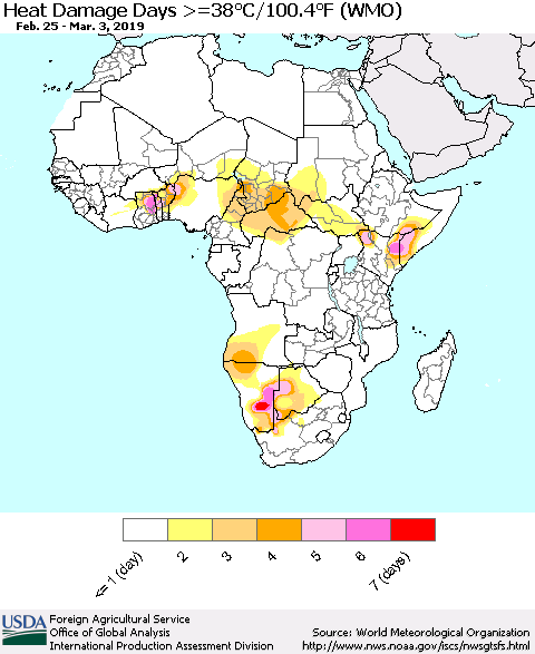 Africa Heat Damage Days >=38°C/100°F (WMO) Thematic Map For 2/25/2019 - 3/3/2019