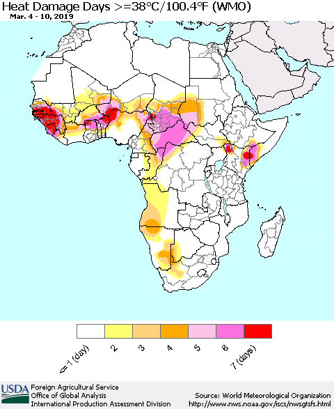 Africa Heat Damage Days >=38°C/100°F (WMO) Thematic Map For 3/4/2019 - 3/10/2019