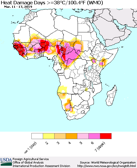 Africa Heat Damage Days >=38°C/100°F (WMO) Thematic Map For 3/11/2019 - 3/17/2019