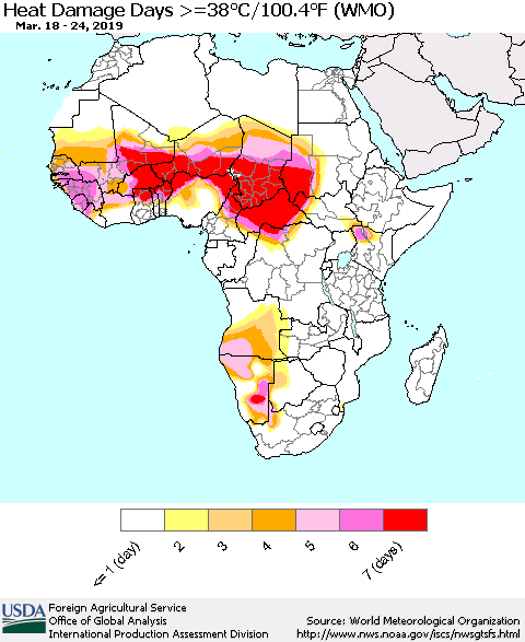 Africa Heat Damage Days >=38°C/100°F (WMO) Thematic Map For 3/18/2019 - 3/24/2019