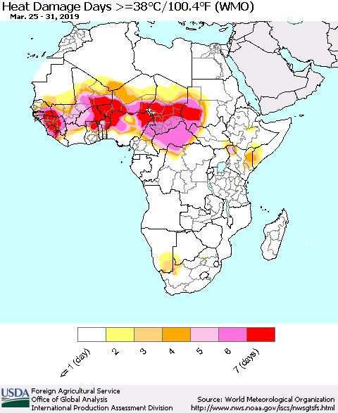 Africa Heat Damage Days >=38°C/100°F (WMO) Thematic Map For 3/25/2019 - 3/31/2019
