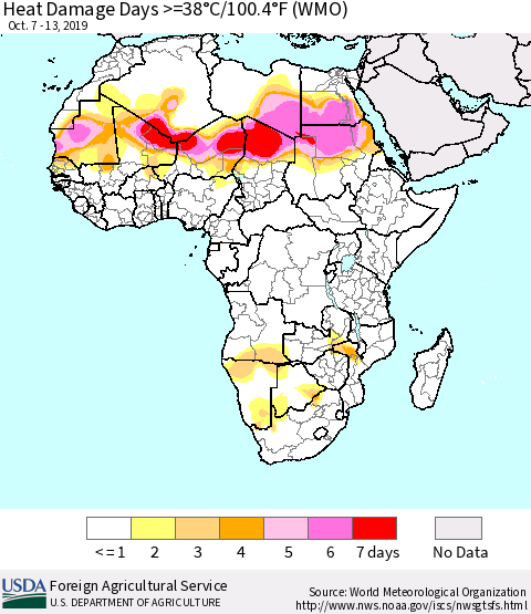 Africa Heat Damage Days >=38°C/100°F (WMO) Thematic Map For 10/7/2019 - 10/13/2019