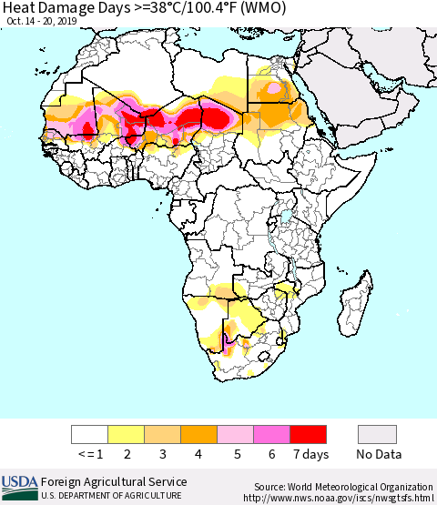 Africa Heat Damage Days >=38°C/100°F (WMO) Thematic Map For 10/14/2019 - 10/20/2019