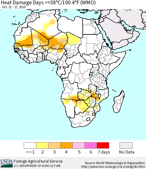 Africa Heat Damage Days >=38°C/100°F (WMO) Thematic Map For 10/21/2019 - 10/27/2019