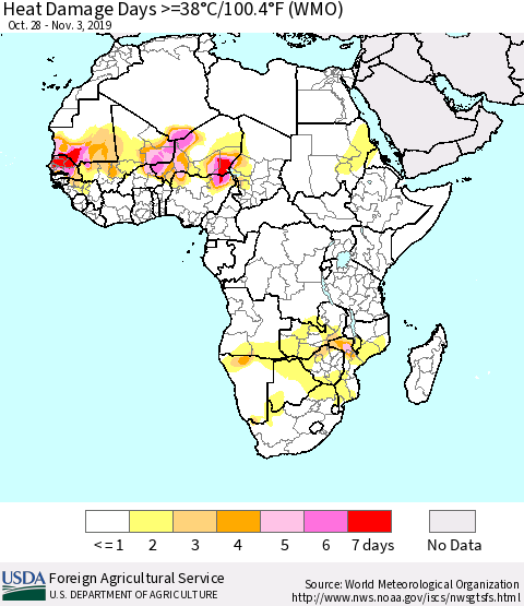 Africa Heat Damage Days >=38°C/100°F (WMO) Thematic Map For 10/28/2019 - 11/3/2019