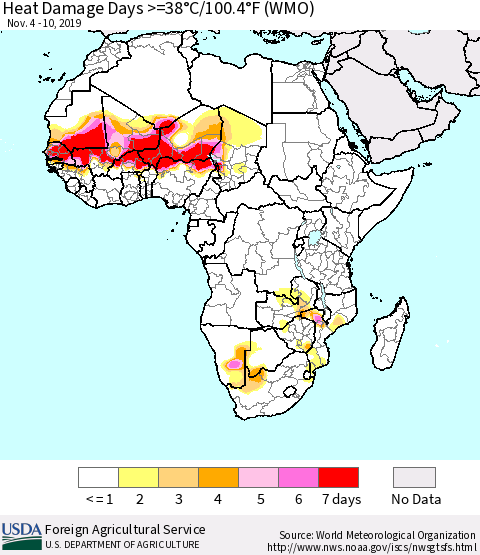 Africa Heat Damage Days >=38°C/100°F (WMO) Thematic Map For 11/4/2019 - 11/10/2019