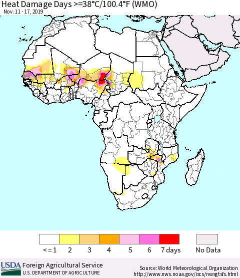 Africa Heat Damage Days >=38°C/100°F (WMO) Thematic Map For 11/11/2019 - 11/17/2019