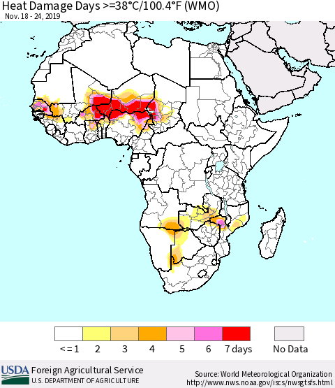 Africa Heat Damage Days >=38°C/100°F (WMO) Thematic Map For 11/18/2019 - 11/24/2019