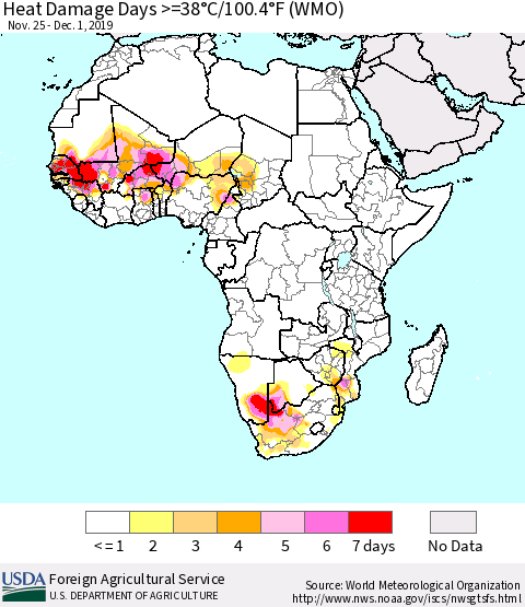Africa Heat Damage Days >=38°C/100°F (WMO) Thematic Map For 11/25/2019 - 12/1/2019