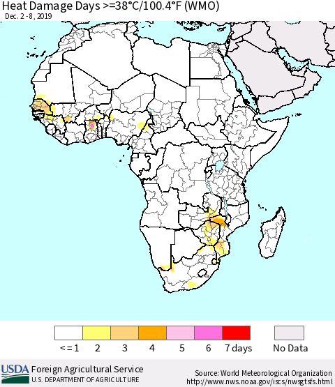 Africa Heat Damage Days >=38°C/100°F (WMO) Thematic Map For 12/2/2019 - 12/8/2019