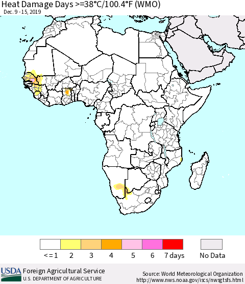 Africa Heat Damage Days >=38°C/100°F (WMO) Thematic Map For 12/9/2019 - 12/15/2019