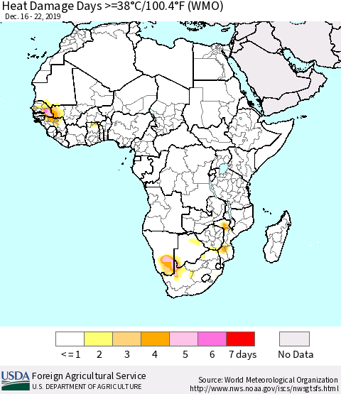 Africa Heat Damage Days >=38°C/100°F (WMO) Thematic Map For 12/16/2019 - 12/22/2019