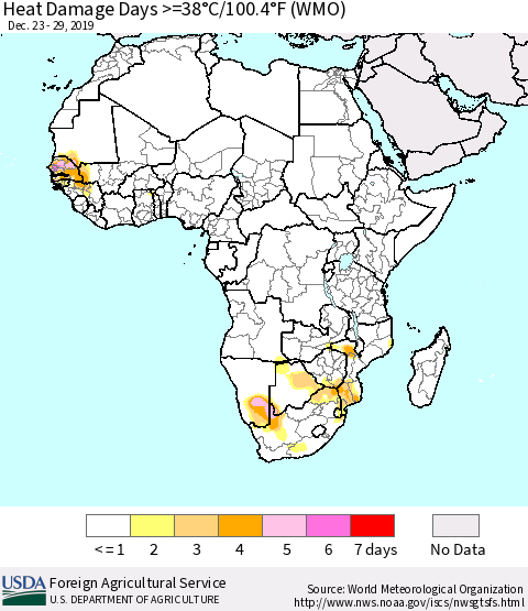 Africa Heat Damage Days >=38°C/100°F (WMO) Thematic Map For 12/23/2019 - 12/29/2019