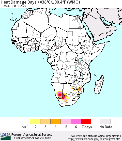 Africa Heat Damage Days >=38°C/100°F (WMO) Thematic Map For 12/30/2019 - 1/5/2020