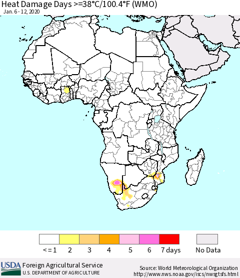 Africa Heat Damage Days >=38°C/100°F (WMO) Thematic Map For 1/6/2020 - 1/12/2020