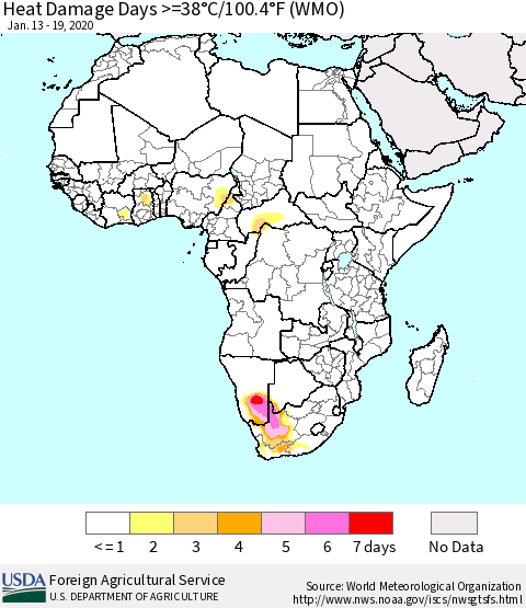 Africa Heat Damage Days >=38°C/100°F (WMO) Thematic Map For 1/13/2020 - 1/19/2020