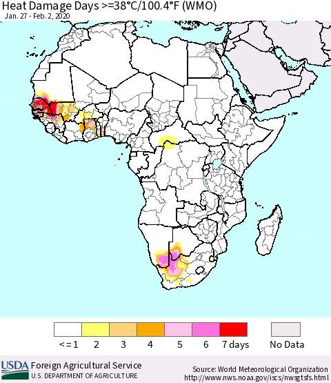Africa Heat Damage Days >=38°C/100°F (WMO) Thematic Map For 1/27/2020 - 2/2/2020