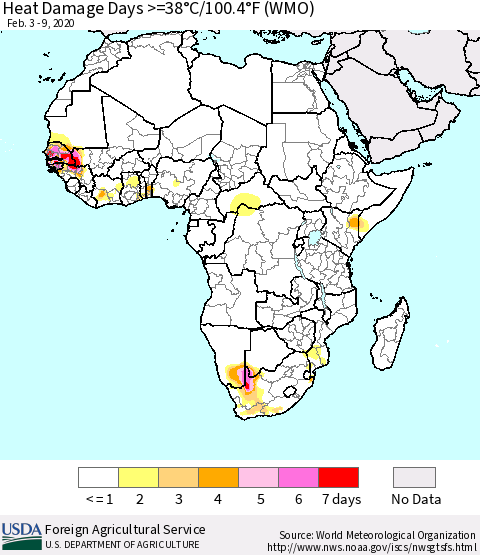 Africa Heat Damage Days >=38°C/100°F (WMO) Thematic Map For 2/3/2020 - 2/9/2020
