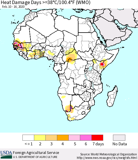 Africa Heat Damage Days >=38°C/100°F (WMO) Thematic Map For 2/10/2020 - 2/16/2020