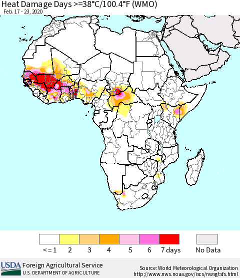 Africa Heat Damage Days >=38°C/100°F (WMO) Thematic Map For 2/17/2020 - 2/23/2020